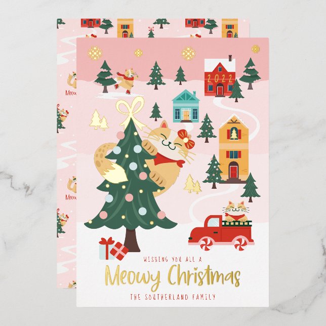 Carte De Vœux En Aluminium Funny Meowy Peeking Chat Village d'hiver (Recto/Verso)