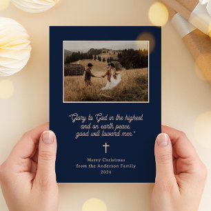 Carte De Vœux En Aluminium Gloire à Dieu   Photo Noël Marine et or Rose