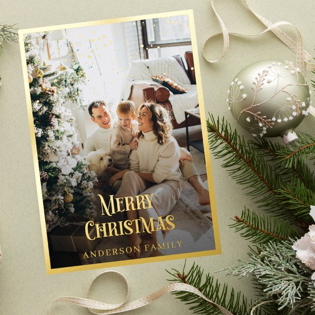 Carte De Vœux En Aluminium Gold Border Confetti Noël Famille Photo (Créateur téléchargé)