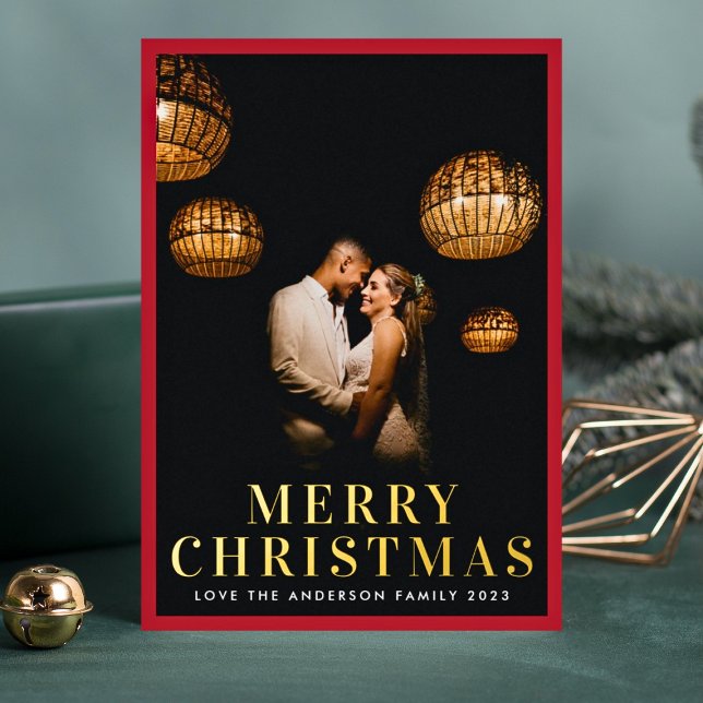 Carte De Vœux En Aluminium Gold Joyeux Noël Elegant Cadre Rouge Photo (Créateur téléchargé)