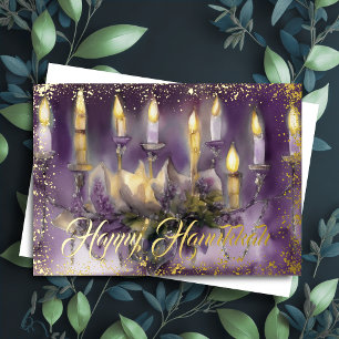Carte De Vœux En Aluminium Gold Menorah Happy Hanoukka Purple