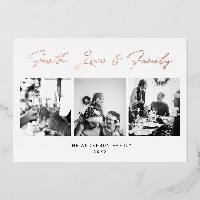 Carte De Vœux En Aluminium Gold Script Faith, Love & Family Photo de Noël (Recto)