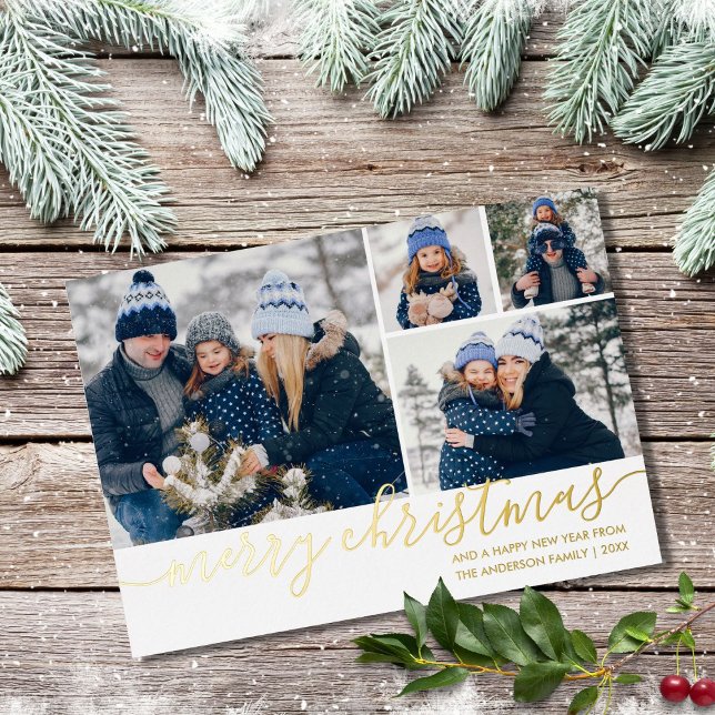 Carte De Vœux En Aluminium Gold Script Joyeux Noël 4 Photo Gold (Créateur téléchargé)