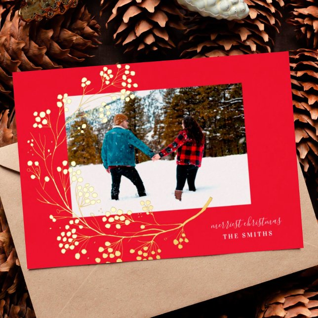 Carte De Vœux En Aluminium Gold Winter Natural Rouge Joyeux Noël Photo (Créateur téléchargé)