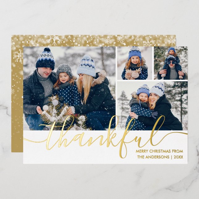 Carte De Vœux En Aluminium Grâces Script 4 Photo Christmas Gold (Recto/Verso)