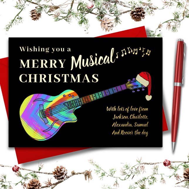 Carte De Vœux En Aluminium Graffiti Guitare Noël Or personnalisé (Merry musical christmas guitar gold foil custom greetings card)