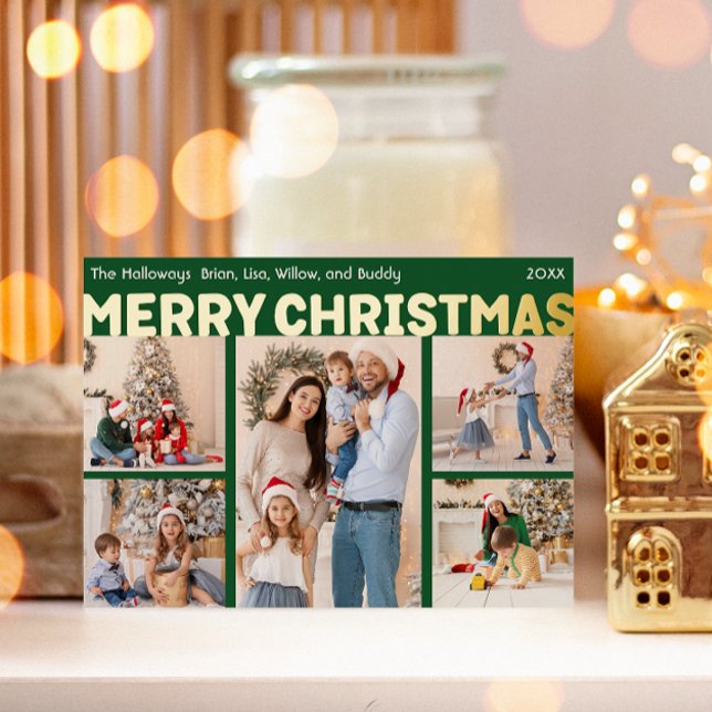 Carte De Vœux En Aluminium Gras Vert Vert Cinq Photo Joyeux Or de Noël (Créateur téléchargé)