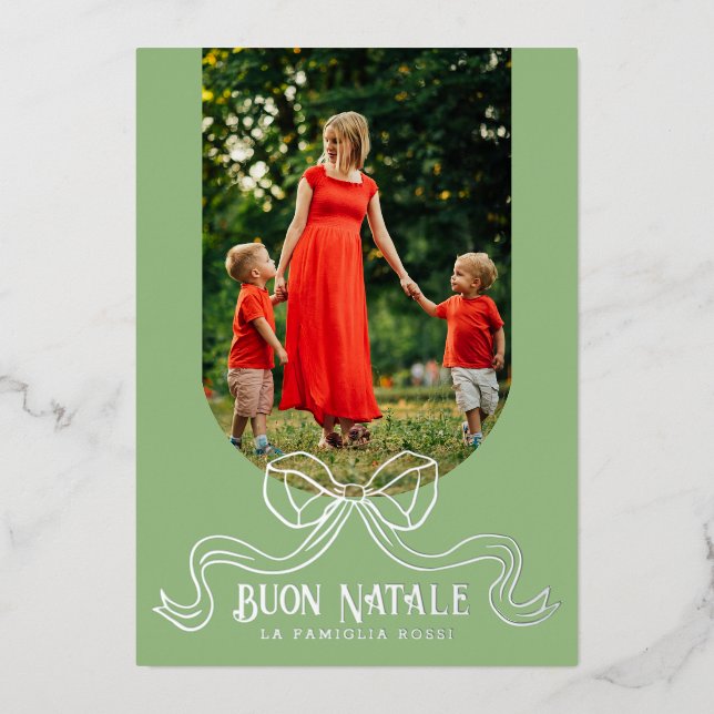 Carte De Vœux En Aluminium Green Buon Natale Simple Modern Coquette Bow Photo (Recto)