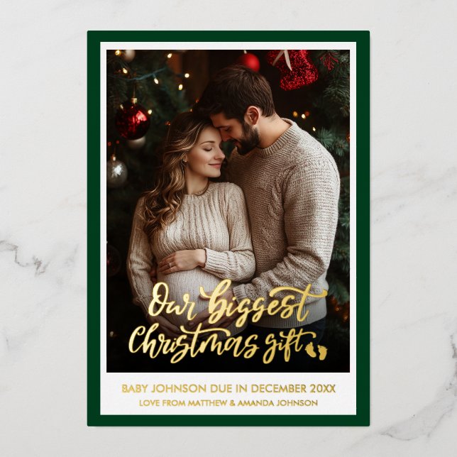 Carte De Vœux En Aluminium Green Christmas Gift Pregnancy Announcement Photo (Recto)