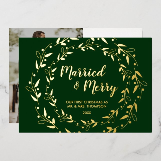 Carte De Vœux En Aluminium Green Gold Marié et Joyeux photo de Noël (Recto/Verso)