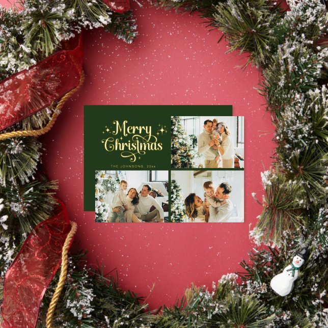 Carte De Vœux En Aluminium Green & Gold Retro Christmas Family Photo Collage (Insitu)