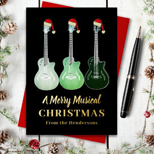Carte De Vœux En Aluminium Guitare de Noël portant des chapeaux de Père Noël 