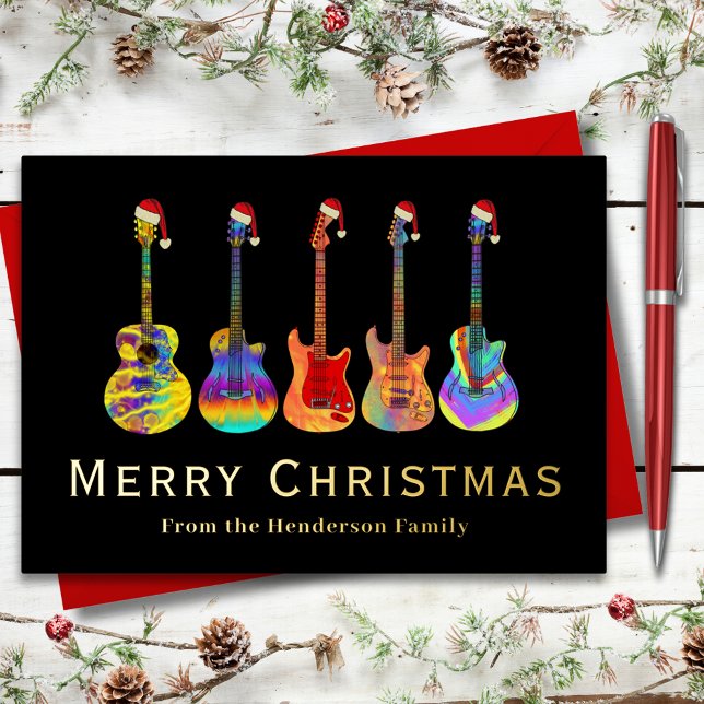 Carte De Vœux En Aluminium Guitares de Noël portant des chapeaux de Père Noël (Rock and roll Christmas guitars black and gold foil custom holiday greetings card guitarist musician)