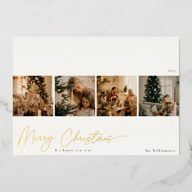 Carte De Vœux En Aluminium Handwriting Multi Photo Gold Foil Holiday Card (Recto)