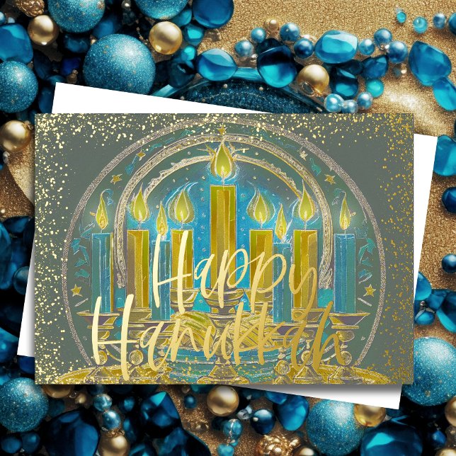 Carte De Vœux En Aluminium Hanoukka Menorah Dessin Jaune bleu gris (Créateur téléchargé)