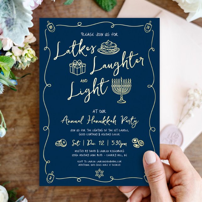 Carte De Vœux En Aluminium Hanukkah Latke Laughter Light Doodles Real Gold (Créateur téléchargé)