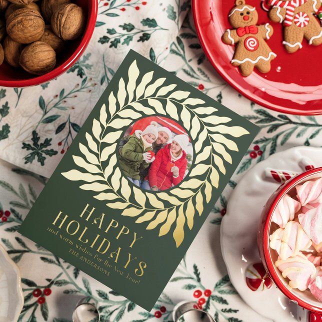 Carte De Vœux En Aluminium Happy Holidays 2 Photo Modern Script Bold Floral (Créateur téléchargé)