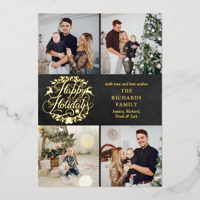 Carte De Vœux En Aluminium Happy Holidays 4 Photo Collage Chalkboard Gold (Recto)