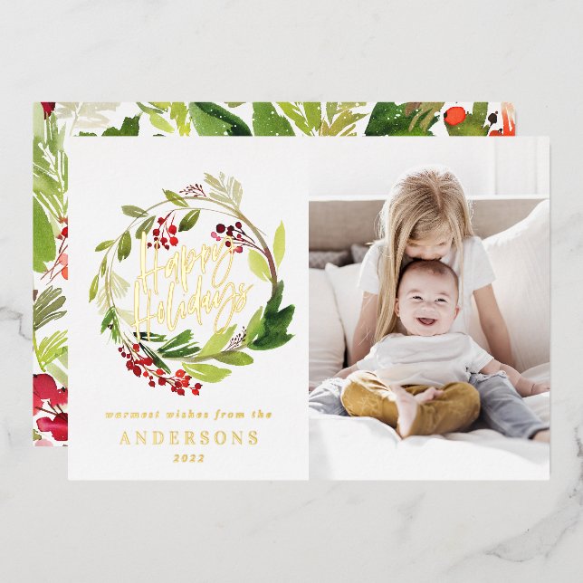 Carte De Vœux En Aluminium Happy Holidays aquarelle photo florale (Recto/Verso)
