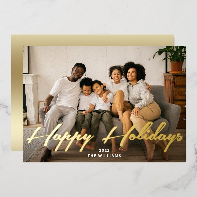 Carte De Vœux En Aluminium Happy Holidays Gold Brush Script Photo Real (Recto/Verso)