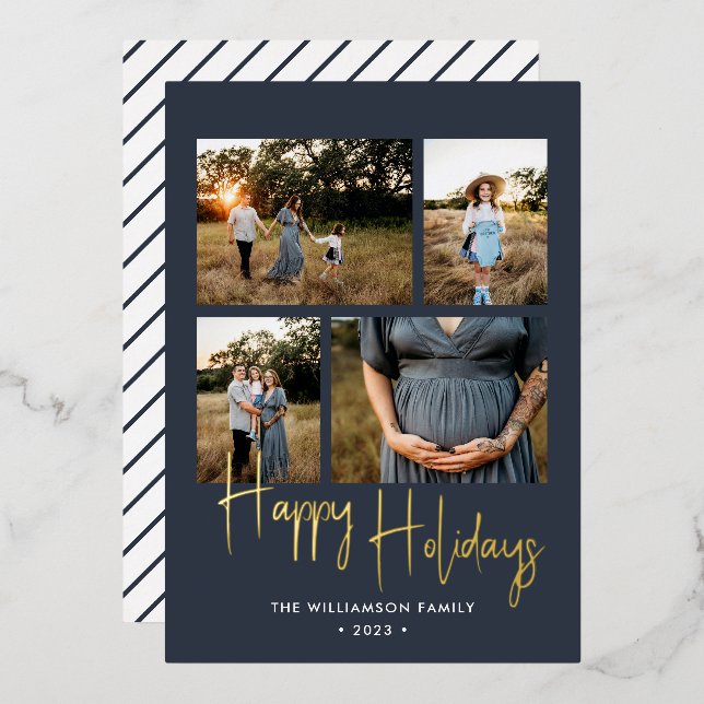 Carte De Vœux En Aluminium Happy Holidays Modern Blue Photo Collage Gold (Recto/Verso)