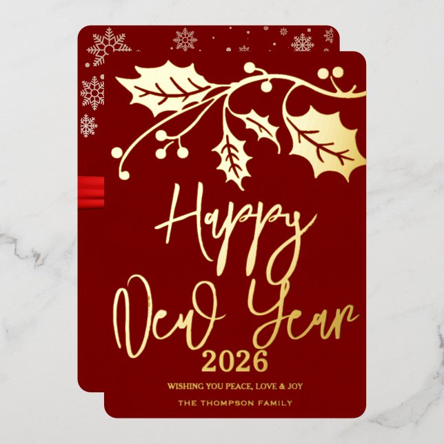 Carte De Vœux En Aluminium Happy New Year 2026, red ribbon (Recto/Verso)