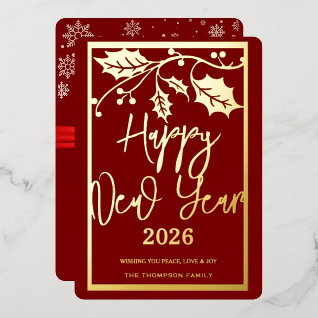 Carte De Vœux En Aluminium Happy New Year 2026, red ribbon (Recto/Verso)