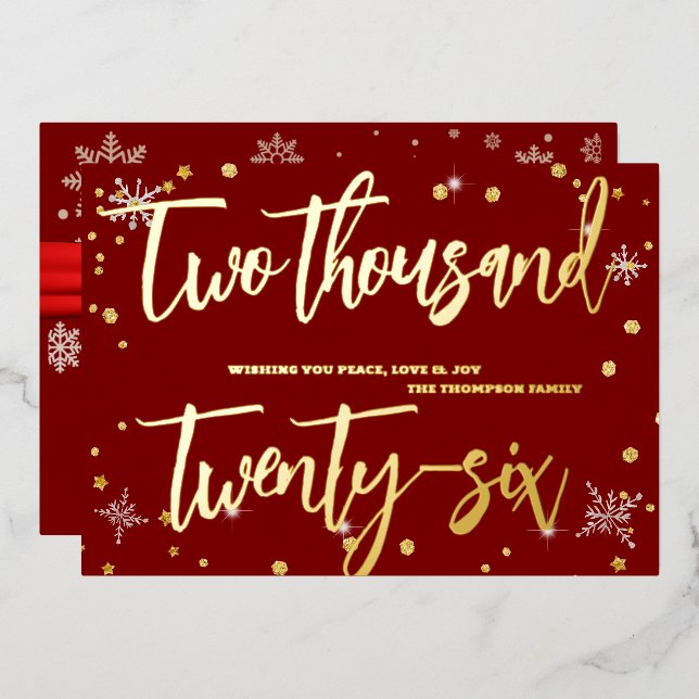 Carte De Vœux En Aluminium Happy New Year 2026 Retro Red Ribbon (Recto/Verso)