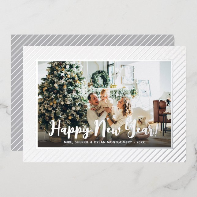 Carte De Vœux En Aluminium  Happy New Year Silver Pinstripe (Recto/Verso)
