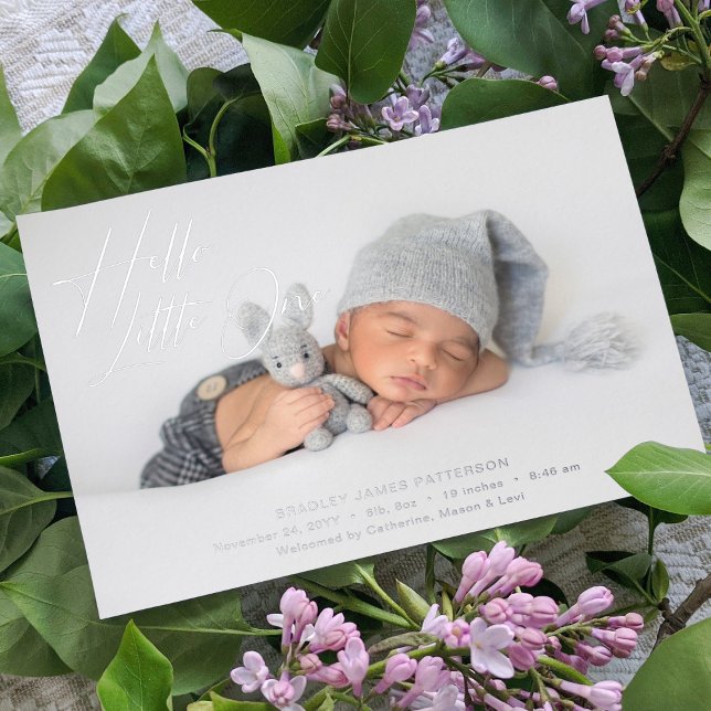 Carte De Vœux En Aluminium Hello Little One Elegant Script Photo Naissance (Créateur téléchargé)