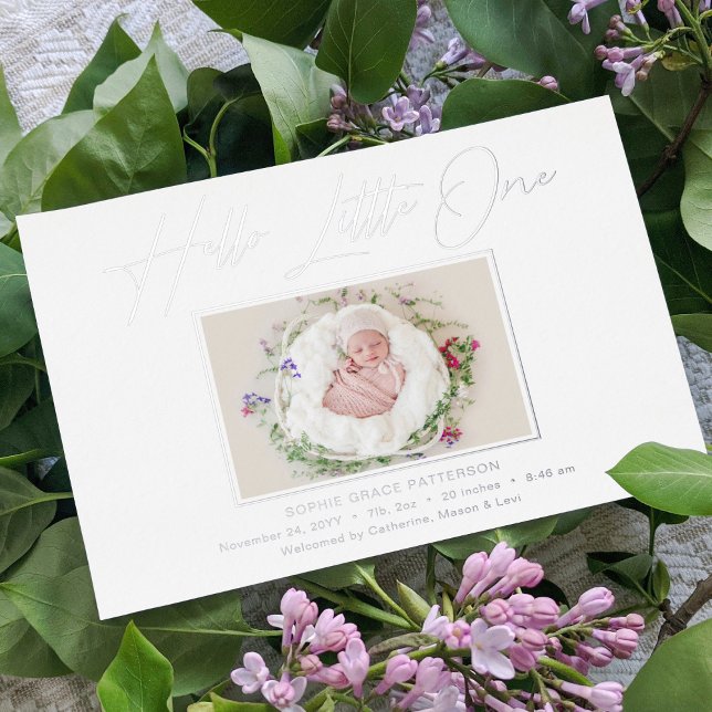 Carte De Vœux En Aluminium Hello Little One Elegant Script Photo Naissance (Créateur téléchargé)