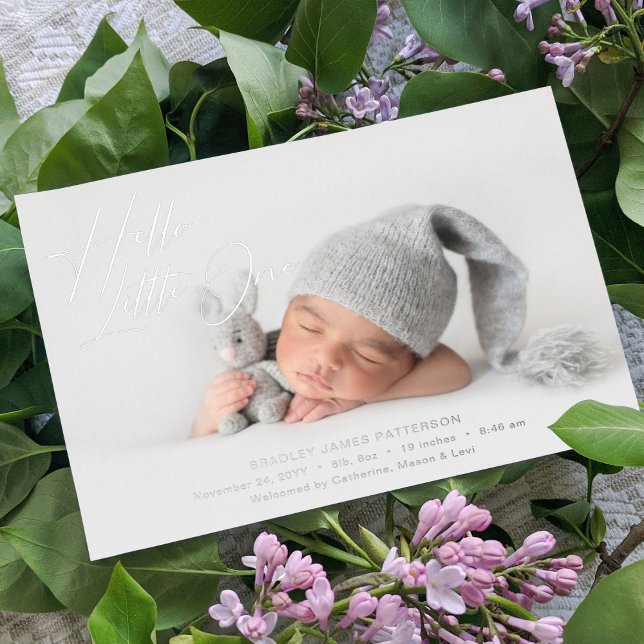 Carte De Vœux En Aluminium Hello Little One Elegant Script Photo Naissance (Créateur téléchargé)