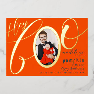 Carte De Vœux En Aluminium Hey Boo Orange Halloween Gold Lettering Baby Photo