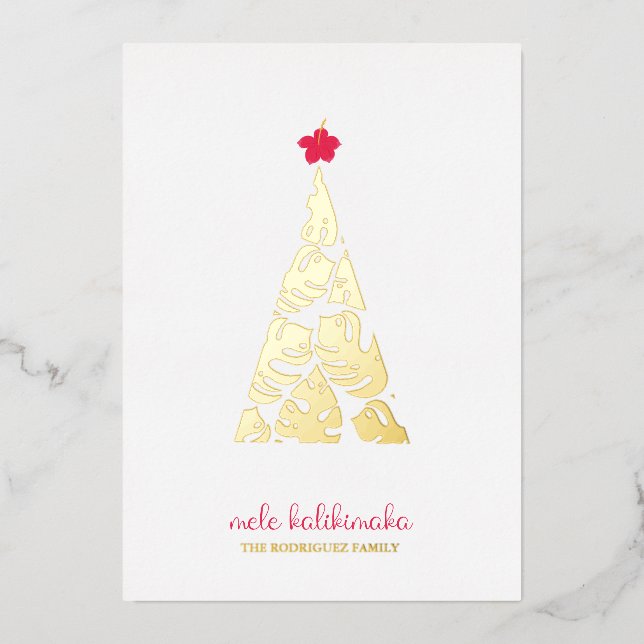 Carte De Vœux En Aluminium Hibiscus feuille Mele Kalikimaka Monstera (Recto)