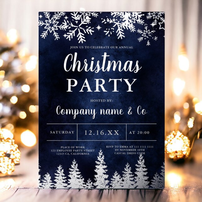 Carte De Vœux En Aluminium hiver argent neige pinède marine entreprise Noël (Winter silver snow pine navy corporate Christmas Foil Holiday Card)