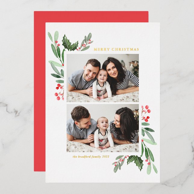 Carte De Vœux En Aluminium Hollies et verdure Deux photos Joyeux Noël (Recto/Verso)