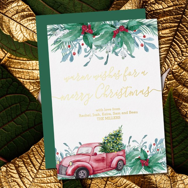 Carte De Vœux En Aluminium Holly Mistletoe et Christmas Red Truck Gold (Créateur téléchargé)