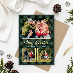 Carte De Vœux En Aluminium Hunter Green Buffalo Plaid Christmas Photo Collage