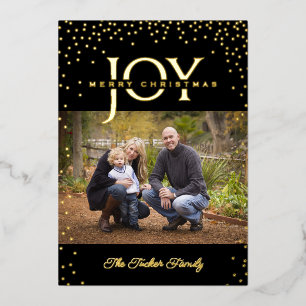 Carte De Vœux En Aluminium JOIE Gold Confetti sur Black Joyeux Noël 2 photos