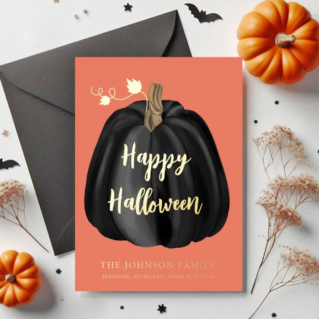 Carte De Vœux En Aluminium Joli Citrouille orange Halloween or (Cute Orange Pumpkin Happy Halloween Gold Foil Holiday Card)