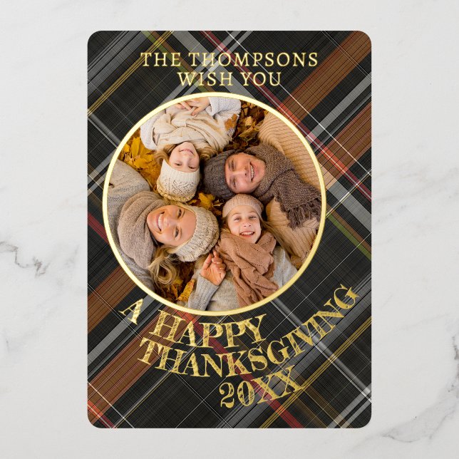 Carte De Vœux En Aluminium Joli Joyeux Thanksgiving Plaid Motif or (Recto)