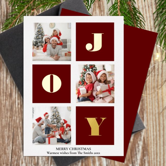 Carte De Vœux En Aluminium JOY Elegant Gold Snowflakes Modern Script Photo (Créateur téléchargé)