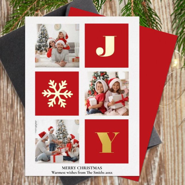 Carte De Vœux En Aluminium JOY Elegant Gold Snowflakes Modern Script Photo (Créateur téléchargé)