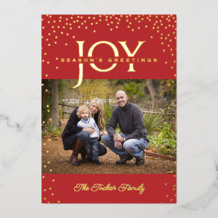 Carte De Vœux En Aluminium JOY Gold Confetti Red Bonnes Fêtes 2 photos