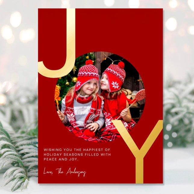 Carte De Vœux En Aluminium Joy Gold feuille rouge élégant minimaliste Noël (Créateur téléchargé)