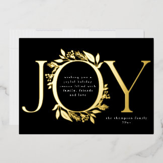 Carte De Vœux En Aluminium Joy Gold Foil Foliage Berry Wreath Photo noir