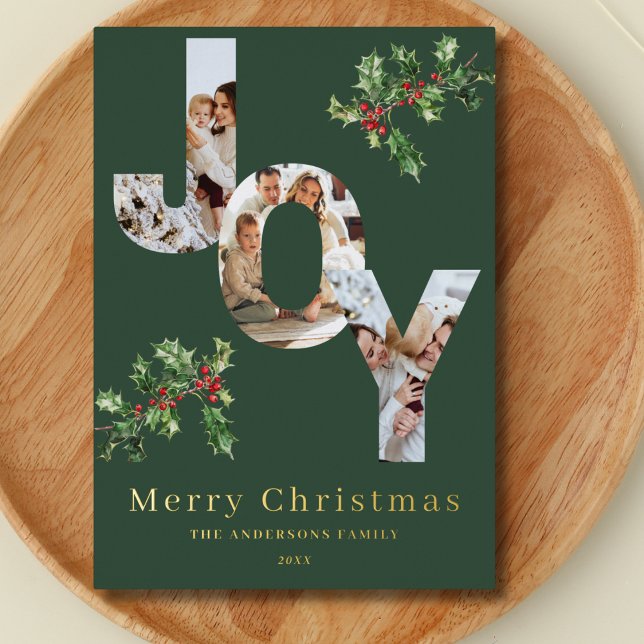 Carte De Vœux En Aluminium JOY modèle photo vert feuille de Noël (Créateur téléchargé)
