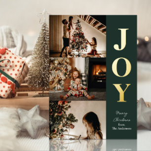 Carte De Vœux En Aluminium Joy Modern Green Gold Noël 3 Photo Collage