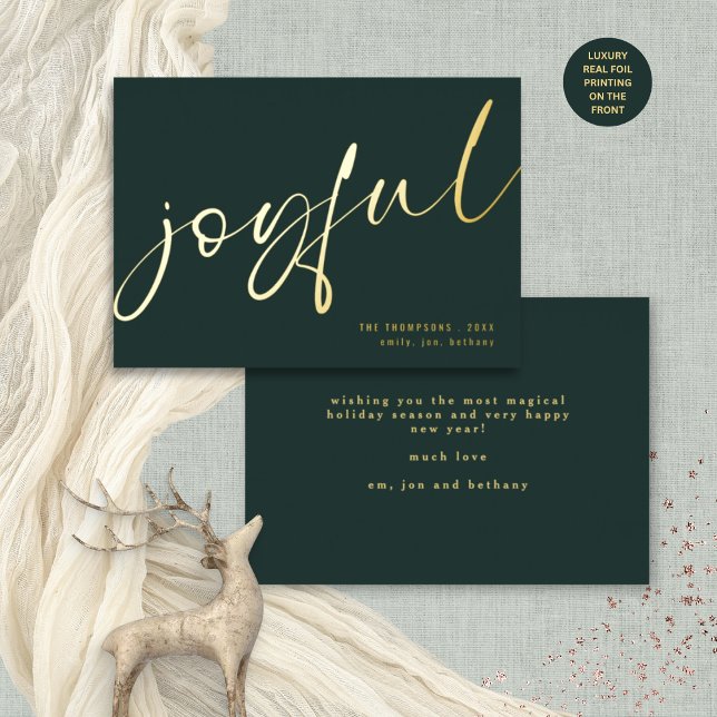 Carte De Vœux En Aluminium Joyeuse élégante calligraphie Nom Noël Vert (Front and back view. Note the front typography is printed in REAL foil. Back text is not in foil.)