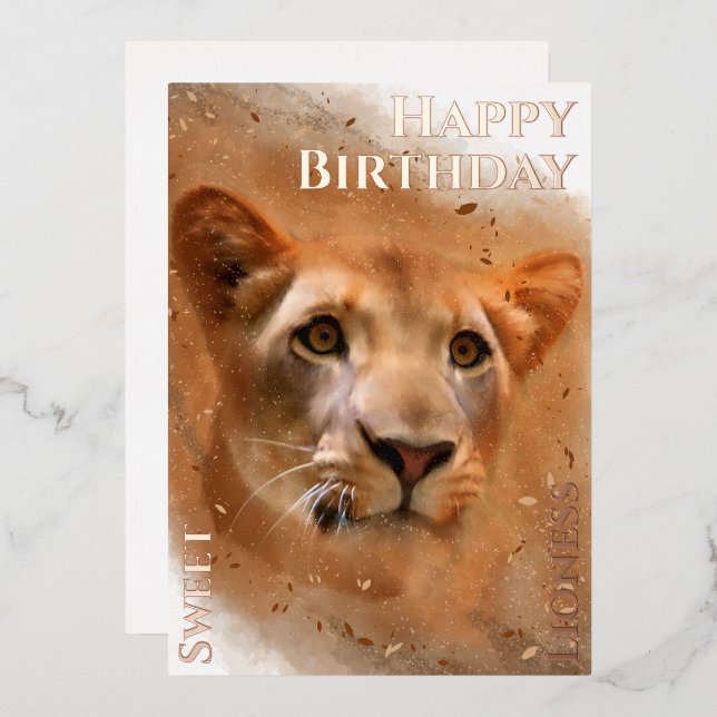 Carte De Vœux En Aluminium Joyeuse Lioness Sweet Birthday (Recto/Verso)